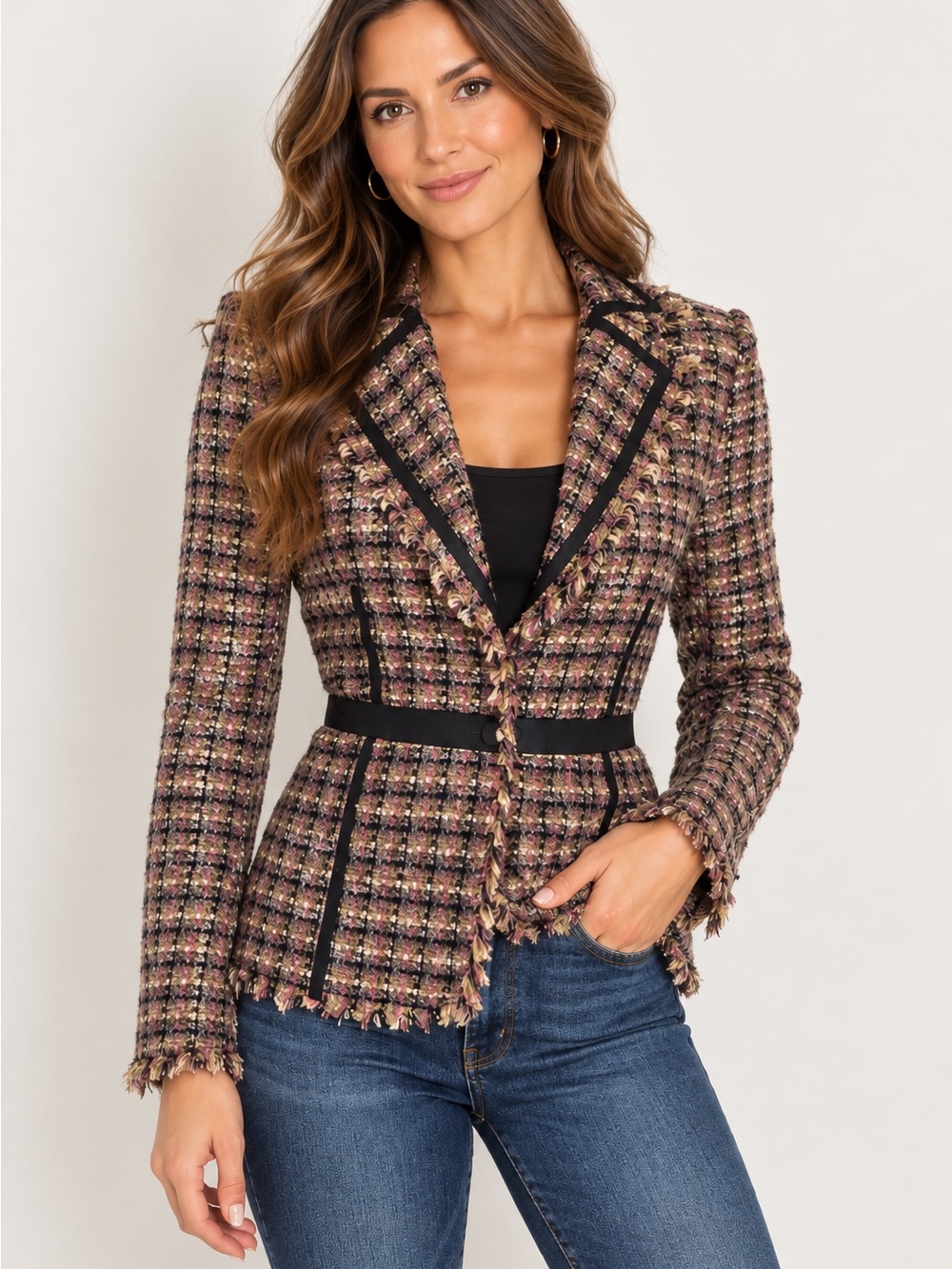 Bisou Bisou Y2K Tweed Boucle Blazer Size 2 Fringe Ribbon Trim Fitted